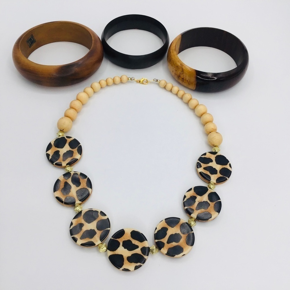 Necklace & Bracelet Wood Jewelry Lot Bundle Cheetah Animal Print Statement